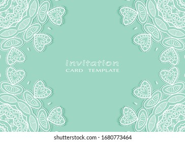Invitation or Card template with lacе frame border, doodle line pattern, mandala element. Decorative openwork filigree art background for Wedding, Valentine's day greeting card, Birthday Invitation