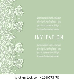 Invitation or Card template with lacе frame border, doodle line pattern, mandala element. Decorative openwork filigree art background for Wedding, Valentine's day greeting card, Birthday Invitation