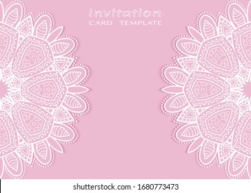 Invitation or Card template with lacе frame border, doodle line pattern, mandala element. Decorative openwork filigree art background for Wedding, Valentine's day greeting card, Birthday Invitation