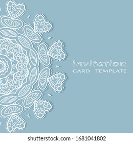 Invitation or Card template with lacе frame border, doodle line pattern, mandala element. Decorative openwork filigree art background for Wedding, Valentine's day greeting card, Birthday Invitation