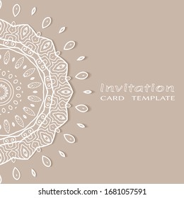Invitation or Card template with lacе frame border, doodle line pattern, mandala element. Decorative openwork filigree art background for Wedding, Valentine's day greeting card, Birthday Invitation