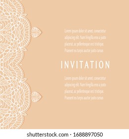 Invitation or Card template with lacе frame border, doodle line pattern, mandala element. Decorative openwork filigree art background for Wedding, Valentine's day greeting card, Birthday Invitation