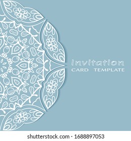 Invitation or Card template with lacе frame border, doodle line pattern, mandala element. Decorative openwork filigree art background for Wedding, Valentine's day greeting card, Birthday Invitation