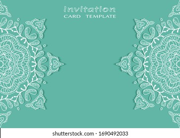 Plantilla de invitación o tarjeta con borde de marco lacado, patrón de línea de doodle, elemento mandala. Antecedentes decorativos de arte de fibra para bodas, tarjeta de felicitación de San Valentín, Invitación de cumpleaños