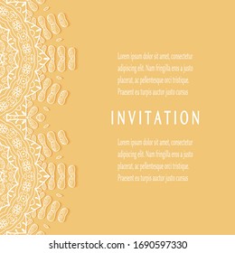 Invitation or Card template with lacе frame border, doodle line pattern, mandala element. Decorative openwork filigree art background for Wedding, Valentine's day greeting card, Birthday Invitation