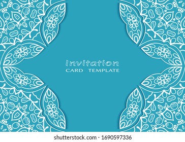 Invitation or Card template with lacе frame border, doodle line pattern, mandala element. Decorative openwork filigree art background for Wedding, Valentine's day greeting card, Birthday Invitation