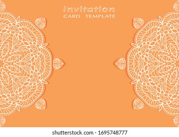 Invitation or Card template with lacе frame border, doodle line pattern, mandala element. Decorative openwork filigree art background for Wedding, Valentine's day greeting card, Birthday Invitation