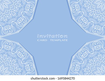 Invitation or Card template with lacе frame border, doodle line pattern, mandala element. Decorative openwork filigree art background for Wedding, Valentine's day greeting card, Birthday Invitation