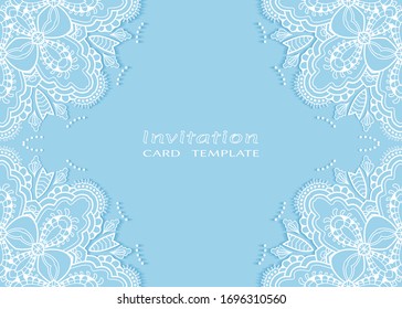 Invitation or Card template with lacе frame border, doodle line pattern, mandala element. Decorative openwork filigree art background for Wedding, Valentine's day greeting card, Birthday Invitation