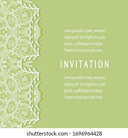 Plantilla de invitación o tarjeta con borde de marco lacado, patrón de línea de doodle, elemento mandala. Antecedentes decorativos de arte de fibra para bodas, tarjeta de felicitación de San Valentín, Invitación de cumpleaños