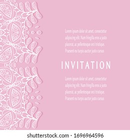 Invitation or Card template with lacе frame border, doodle line pattern, mandala element. Decorative openwork filigree art background for Wedding, Valentine's day greeting card, Birthday Invitation