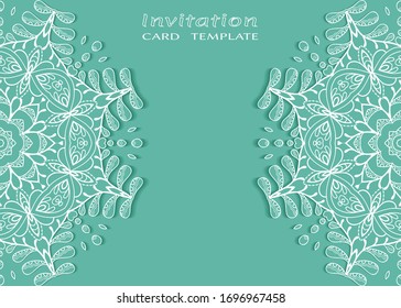 Invitation or Card template with lacе frame border, doodle line pattern, mandala element. Decorative openwork filigree art background for Wedding, Valentine's day greeting card, Birthday Invitation