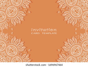 Invitation or Card template with lacе frame border, doodle line pattern, mandala element. Decorative openwork filigree art background for Wedding, Valentine's day greeting card, Birthday Invitation