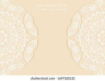 Invitation or Card template with lacе frame border, doodle line pattern, mandala element. Decorative openwork filigree art background for Wedding, Valentine's day greeting card, Birthday Invitation