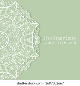 Invitation or Card template with lacе frame border, doodle line pattern, mandala element. Decorative openwork filigree art background for Wedding, Valentine's day greeting card, Birthday Invitation