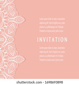 Invitation or Card template with lacе frame border, doodle line pattern, mandala element. Decorative openwork filigree art background for Wedding, Valentine's day greeting card, Birthday Invitation