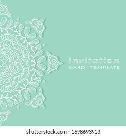 Invitation or Card template with lacе frame border, doodle line pattern, mandala element. Decorative openwork filigree art background for Wedding, Valentine's day greeting card, Birthday Invitation