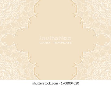 Invitation or Card template with lacе frame border, doodle line pattern, mandala element. Decorative openwork filigree art background for Wedding, Valentine's day greeting card, Birthday Invitation