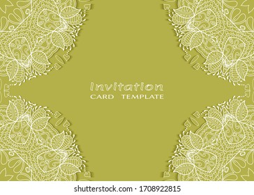 Invitation or Card template with lacе frame border, doodle line pattern, mandala element. Decorative openwork filigree art background for Wedding, Valentine's day greeting card, Birthday Invitation