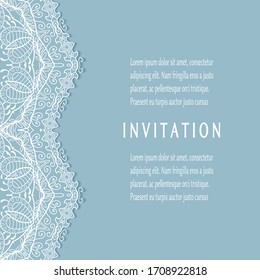 Invitation or Card template with lacе frame border, doodle line pattern, mandala element. Decorative openwork filigree art background for Wedding, Valentine's day greeting card, Birthday Invitation