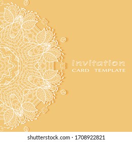 Invitation or Card template with lacе frame border, doodle line pattern, mandala element. Decorative openwork filigree art background for Wedding, Valentine's day greeting card, Birthday Invitation
