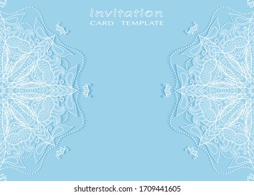 Invitation or Card template with lacе frame border, doodle line pattern, mandala element. Decorative openwork filigree art background for Wedding, Valentine's day greeting card, Birthday Invitation