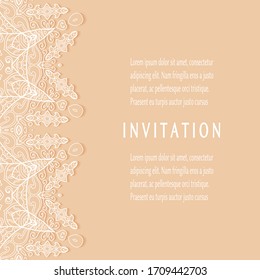 Invitation or Card template with lacе frame border, doodle line pattern, mandala element. Decorative openwork filigree art background for Wedding, Valentine's day greeting card, Birthday Invitation
