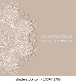 Invitation or Card template with lacе frame border, doodle line pattern, mandala element. Decorative openwork filigree art background for Wedding, Valentine's day greeting card, Birthday Invitation