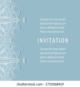 Invitation or Card template with lacе frame border, doodle line pattern, mandala element. Decorative openwork filigree art background for Wedding, Valentine's day greeting card, Birthday Invitation