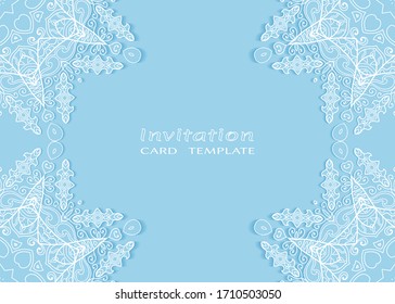 Invitation or Card template with lacе frame border, doodle line pattern, mandala element. Decorative openwork filigree art background for Wedding, Valentine's day greeting card, Birthday Invitation