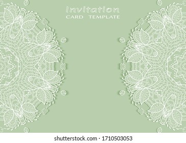 Invitation or Card template with lacе frame border, doodle line pattern, mandala element. Decorative openwork filigree art background for Wedding, Valentine's day greeting card, Birthday Invitation