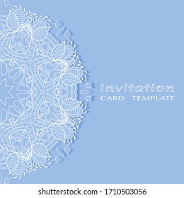 Invitation or Card template with lacе frame border, doodle line pattern, mandala element. Decorative openwork filigree art background for Wedding, Valentine's day greeting card, Birthday Invitation
