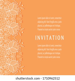 Plantilla de invitación o tarjeta con borde de marco lacado, patrón de línea de doodle, elemento mandala. Antecedentes decorativos de arte de fibra para bodas, tarjeta de felicitación de San Valentín, Invitación de cumpleaños