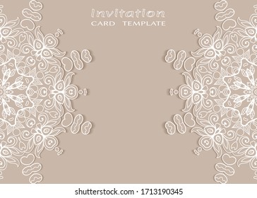 Invitation or Card template with lacе frame border, doodle line pattern, mandala element. Decorative openwork filigree art background for Wedding, Valentine's day greeting card, Birthday Invitation