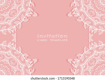 Invitation or Card template with lacе frame border, doodle line pattern, mandala element. Decorative openwork filigree art background for Wedding, Valentine's day greeting card, Birthday Invitation