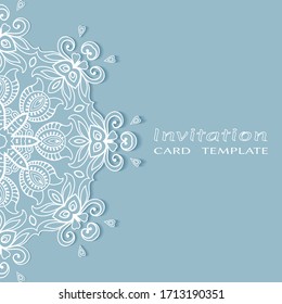 Invitation or Card template with lacе frame border, doodle line pattern, mandala element. Decorative openwork filigree art background for Wedding, Valentine's day greeting card, Birthday Invitation