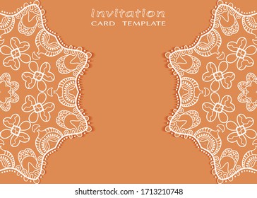 Invitation or Card template with lacе frame border, doodle line pattern, mandala element. Decorative openwork filigree art background for Wedding, Valentine's day greeting card, Birthday Invitation