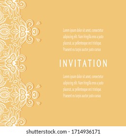 Invitation or Card template with lacе frame border, doodle line pattern, mandala element. Decorative openwork filigree art background for Wedding, Valentine's day greeting card, Birthday Invitation