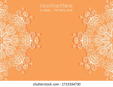 Invitation or Card template with lacе frame border, doodle line pattern, mandala element. Decorative openwork filigree art background for Wedding, Valentine's day greeting card, Birthday Invitation