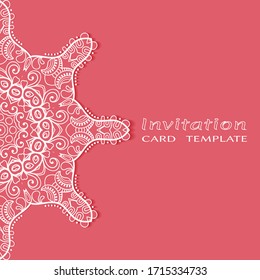 Invitation or Card template with lacе frame border, doodle line pattern, mandala element. Decorative openwork filigree art background for Wedding, Valentine's day greeting card, Birthday Invitation