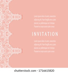 Invitation or Card template with lacе frame border, doodle line pattern, mandala element. Decorative openwork filigree art background for Wedding, Valentine's day greeting card, Birthday Invitation