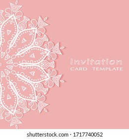 Invitation or Card template with lacе frame border, doodle line pattern, mandala element. Decorative openwork filigree art background for Wedding, Valentine's day greeting card, Birthday Invitation