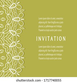 Plantilla de invitación o tarjeta con borde de marco lacado, patrón de línea de doodle, elemento mandala. Antecedentes decorativos de arte de fibra para bodas, tarjeta de felicitación de San Valentín, Invitación de cumpleaños