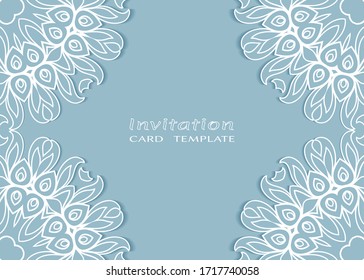 Invitation or Card template with lacе frame border, doodle line pattern, mandala element. Decorative openwork filigree art background for Wedding, Valentine's day greeting card, Birthday Invitation