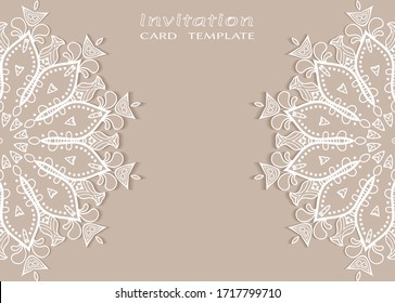 Einladung oder Kartenvorlage mit е Rahmenrahmen, Doodle Line Muster, Mandala Element. Dekorative offene Arbeit figree Kunsthintergrund für Hochzeit, Valentinstag-Grußkarte, Geburtstagseinladung