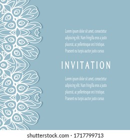 Invitation or Card template with lacе frame border, doodle line pattern, mandala element. Decorative openwork filigree art background for Wedding, Valentine's day greeting card, Birthday Invitation