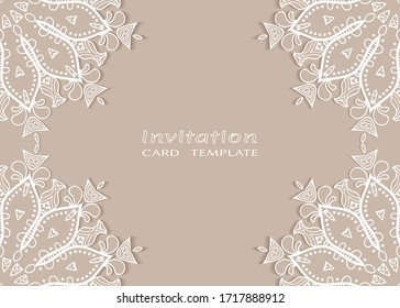 Invitation or Card template with lacе frame border, doodle line pattern, mandala element. Decorative openwork filigree art background for Wedding, Valentine's day greeting card, Birthday Invitation