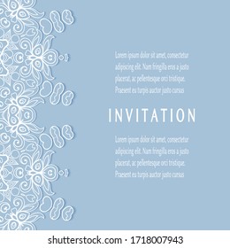 Invitation or Card template with lacе frame border, doodle line pattern, mandala element. Decorative openwork filigree art background for Wedding, Valentine's day greeting card, Birthday Invitation