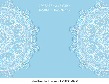 Plantilla de invitación o tarjeta con borde de marco lacado, patrón de línea de doodle, elemento mandala. Antecedentes decorativos de arte de fibra para bodas, tarjeta de felicitación de San Valentín, Invitación de cumpleaños