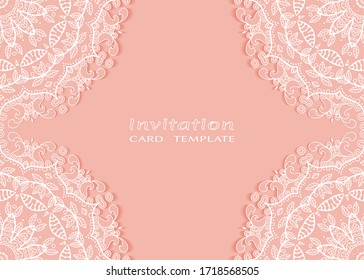 Invitation or Card template with lacе frame border, doodle line pattern, mandala element. Decorative openwork filigree art background for Wedding, Valentine's day greeting card, Birthday Invitation